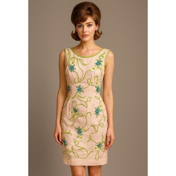 1950s Minx Modes Vintage Garden Cocktail Dress Pink Embroidered Floral Flower XS - Picture 1 of 16